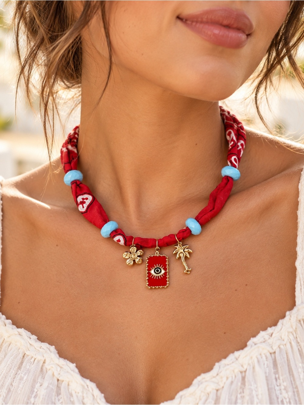 New MAYAMAR Red Bandana Charm Necklace with Gold Accents